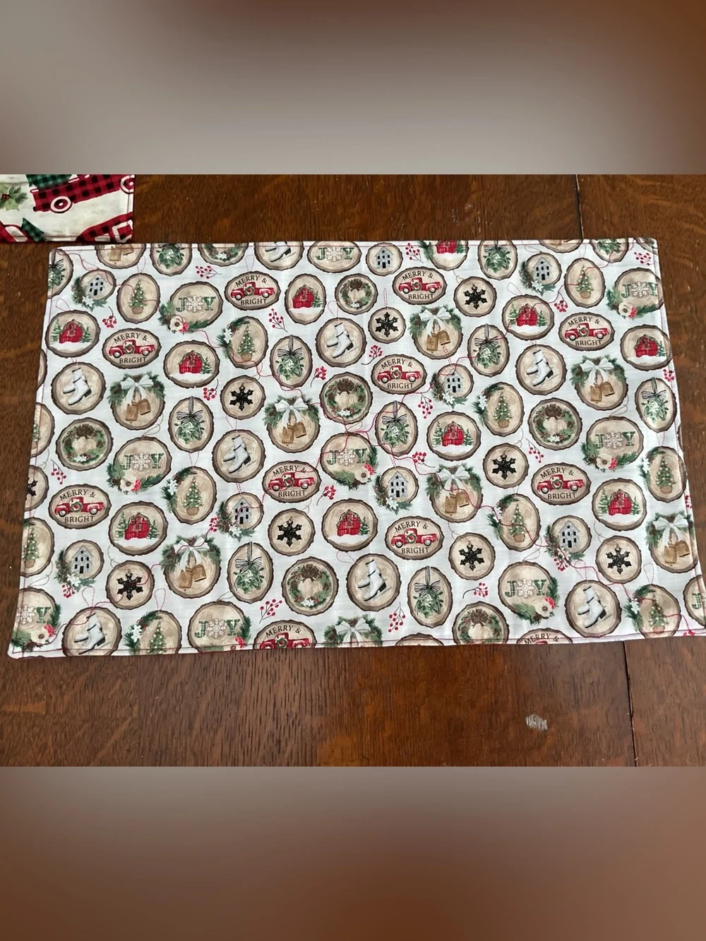 Handmade Quilted Cozy Red Truck & Buffalo Check Holiday Placemats - Set of 4